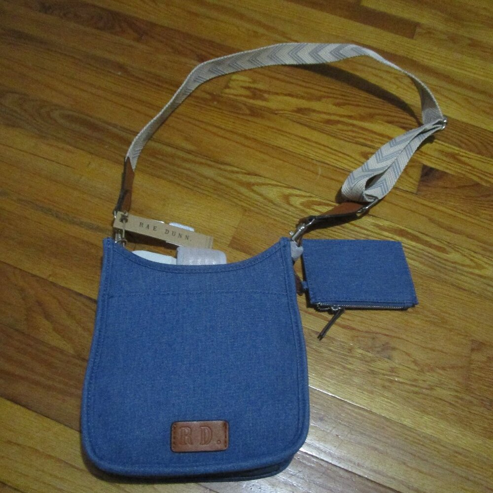 Rae Dunn canvas small crossbody denim chambray NWT leather accents BOHO strap